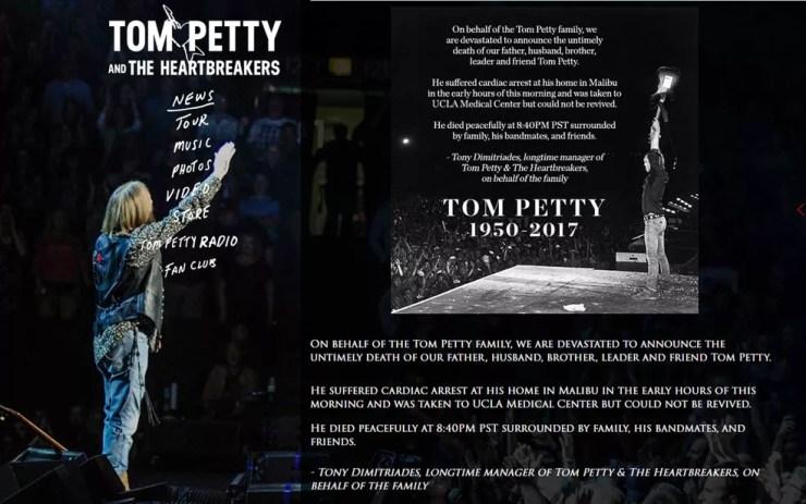 Nota da morte de Tom Petty no site oficial do cantor (Foto: Tom Petty / Site oficial)