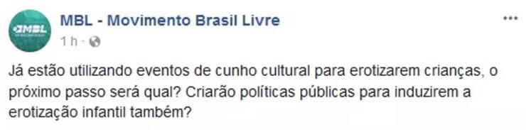 Movimento Brasil Livre (MBL) reage intensamente nas redes sociais contra performance realizada no Museu de Arte Moderna (MAM) (Foto: Reprodução/Facebook)
