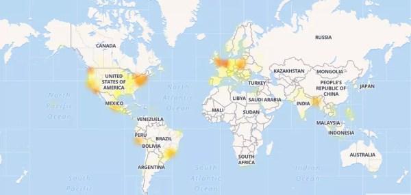 Mapa mostra volume de reclamações relacionadas ao Facebook por volta das 13h30 desta sexta-feira (3) (Foto: Reprodução/Down Detector)