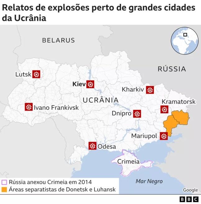Relatos de explosões perto de grandes cidades da Ucrânia — Foto: BBC