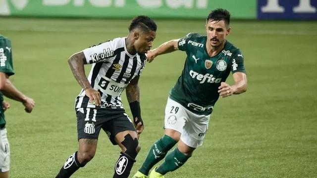Marinho e Willian disputam jogada no clássico Palmeiras x Santos