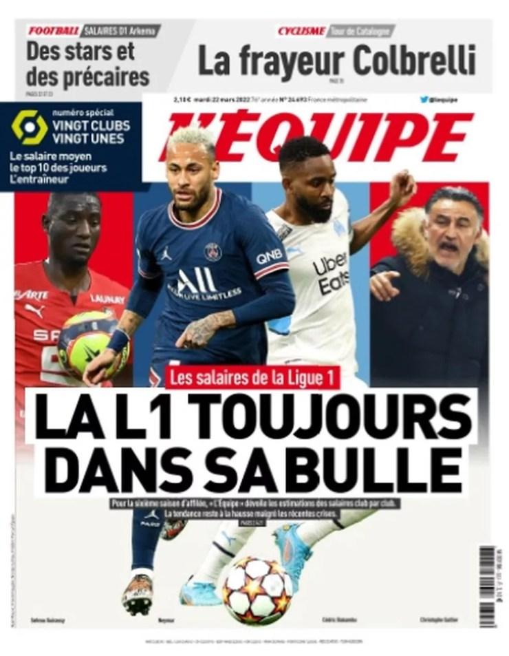 Capa do L'Equipe desta terça-feira, com os salários do Campeonato Francês — Foto: Reprodução