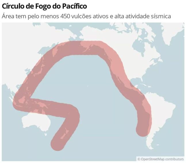 Mapa identifica a região do Círculo de Fogo do Pacífico — Foto: Ciência/G1