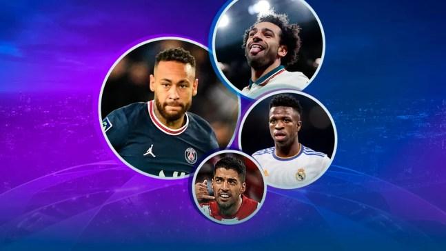 Neymar, Salah, Suárez e Vini Jr são alguns dos destaques dos jogos desta quarta-feira pela Champions League — Foto: Infografia ge