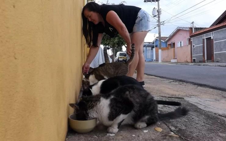 Moradora dá rações para animais em frente da própria casa (Foto: Caio Gomes Silveira/ G1)
