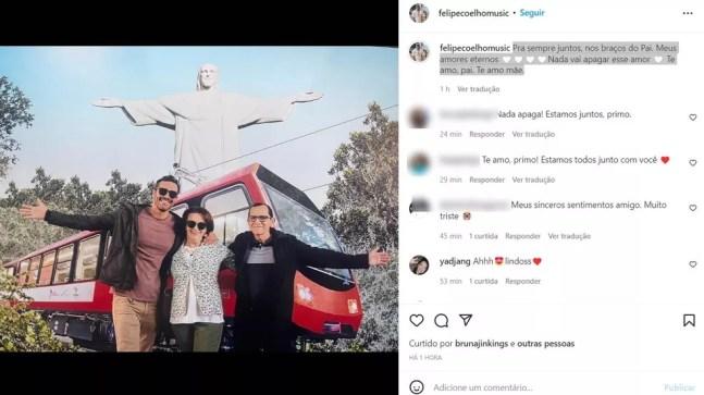 Publicação feita no Instagram por Felipe Coelho em homenagem aos pais, Geraldo e Oselia, que foram assassinados no Jardim Botânico, Zona Sul do Rio — Foto: Reprodução/Instagram