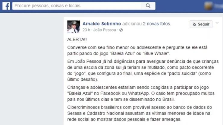 Comandante do Ciop da PMPB alerta pais de estudantes de João Pessoa sobre 'jogo da Baleia Azul', que supostamente incentiva o suicídio (Foto: Reprodução/Facebook/arnaldosobrinho10)