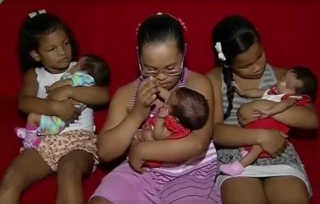 Irmãs mais velhas ajudam mãe de Cosmorama (SP) a cuidar de trigêmeas (Foto: Reprodução/TV TEM)