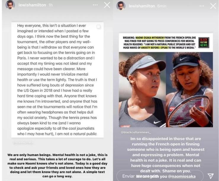 Lewis Hamilton apoia Naomi Osaka e condena organização de Roland Garros por multar tenista  — Foto: Redes sociais/Instagram