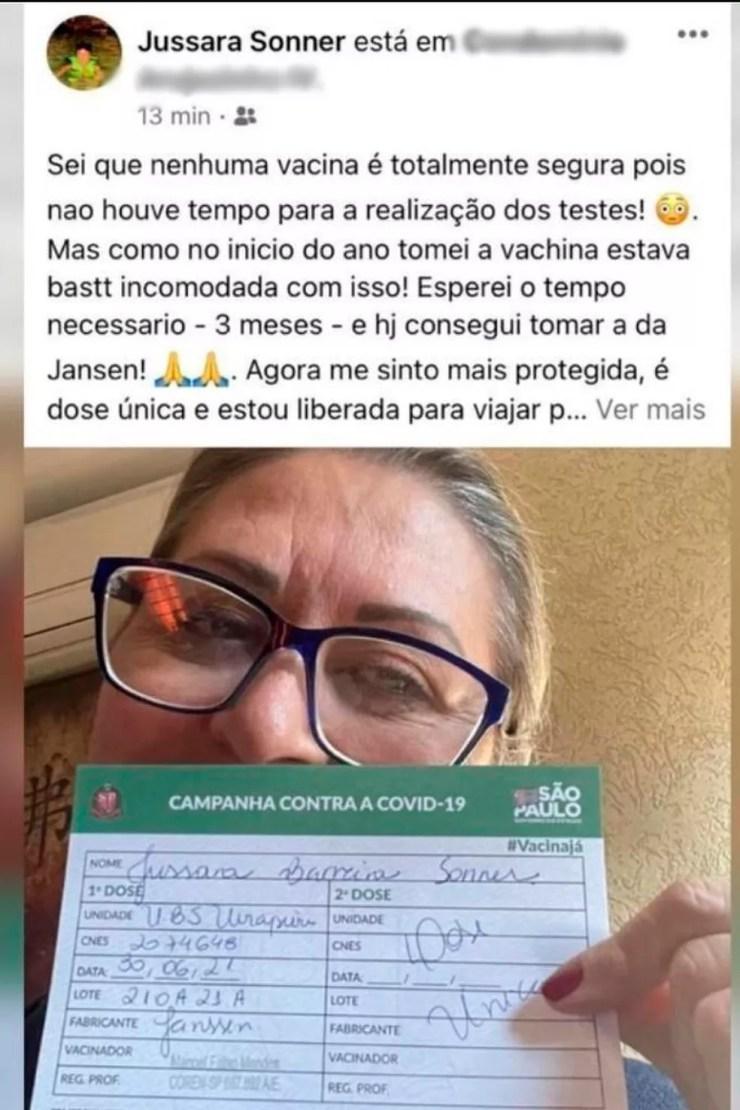 Jussara Sonner exibe nas redes sociais cartão que comprova a terceira dose da vacina tomada por ela em Guarulhos, na Grande SP. — Foto: Reprodução/ Redes Sociais