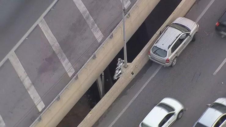 Motorista teria caído de viaduto após bater em mureta  — Foto: Reprodução/TV Globo