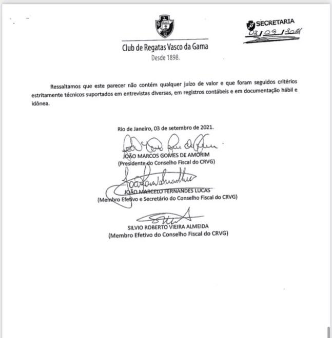 Relatório do Conselho Fiscal sugere reprovação das contas de 2020 do Vasco — Foto: Reprodução