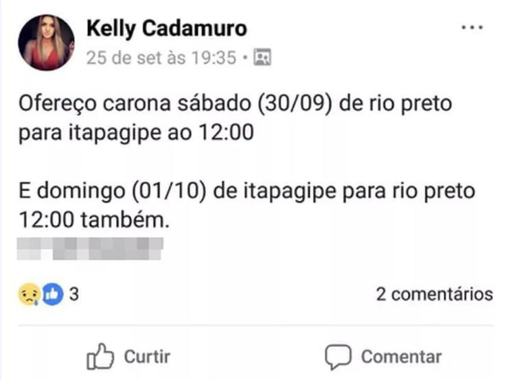 Kelly Cristina Cadamuro oferecia caronas por WhatsApp e em grupos do Facebook com frequência (Foto: Reprodução/Facebook)