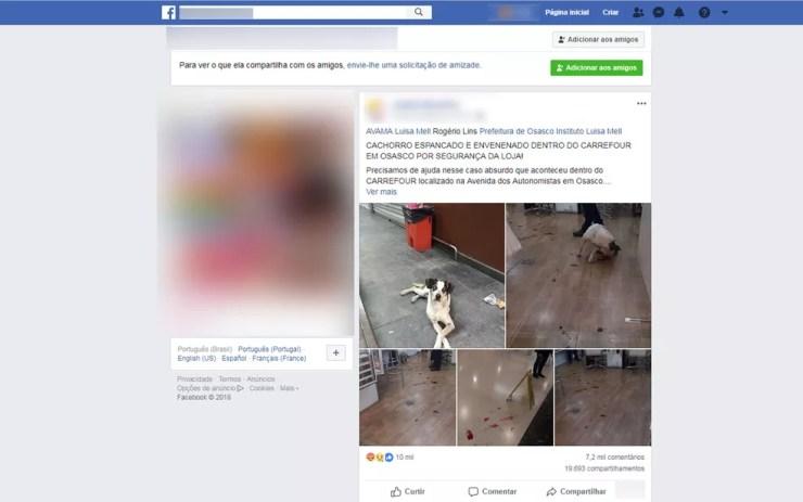 Postagem de ativista nas redes sociais relata que cachorro foi espancado e envenenado por funcionário de unidade do Carrefour  — Foto: Reprodução/Facebook