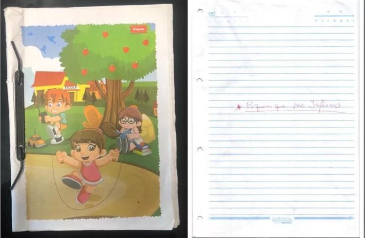 Elize escreveu o livro num caderno escolar com uma capa que mostra três crianças brincando; Ao lado o título provisório da obra: 'Piquenique no Inferno' — Foto: Reprodução/Arquivo pessoal