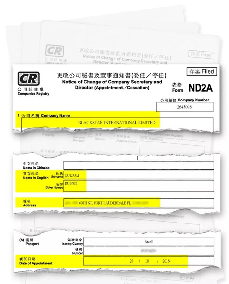 Documento de Hong Kong mostra entrada de Quícoli na Blackstar em 23 de outubro de 2018 — Foto: Reprodução