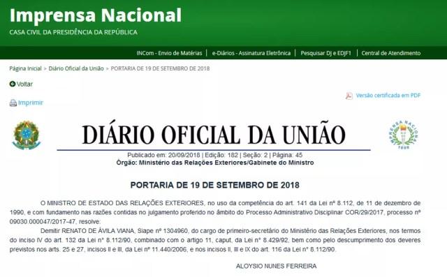 Diário Oficial da União publicou demissão de diplomata brasileiro — Foto: Imprensa Nacional/Reprodução