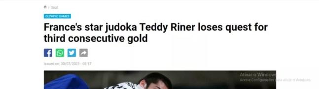 O judoca estrela da França, Teddy Riner, perde a busca pelo terceiro ouro consecutivo — Foto: Reprodução