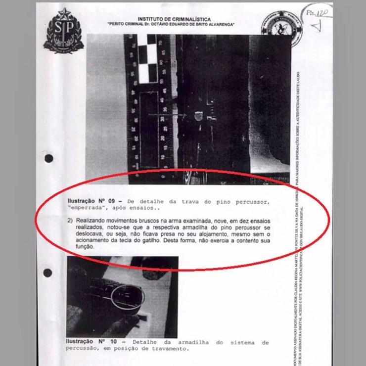 Laudo do Instituto de Criminalística aponta falhas em arma usada por PM em ação que deixou entregador de pizza morto em São Paulo — Foto: Reprodução/Inquérito policial