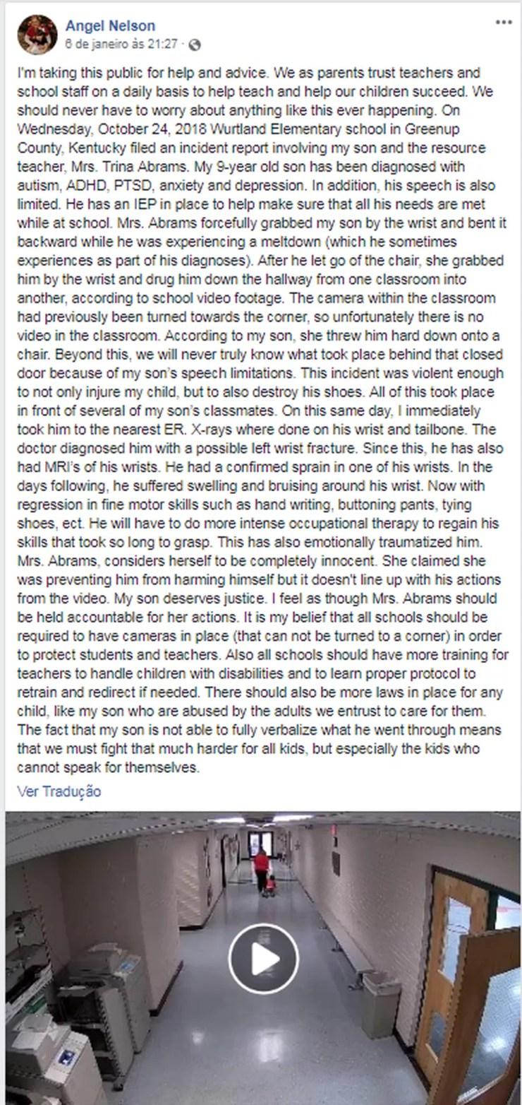 Angel Nelson em post sobre a agressão contra o filho autista na escola — Foto: Reprodução/Facebook