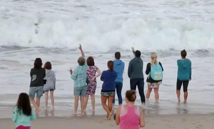 Pessoas jogam flores ao mar em homanegem a brasileiro morto em ataque de tubarão no último sábado em praia de Massachussetts, nos EUA — Foto: Reprodução/NBC