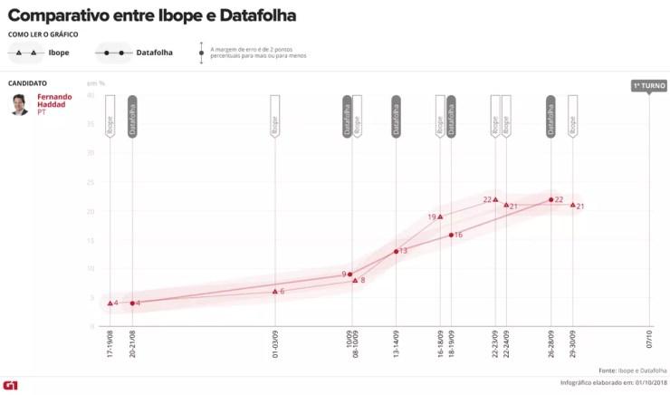 Comparativo entre as pesquisas Ibope e Datafolha - Haddad — Foto: Arte/G1