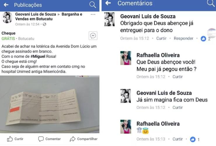 Auxilar administrativo encontrou cheque em branco assinado em Lotérica de Botucatu e fez postagem para encontrar dono (Foto: Foto: Reprodução/ Facebook)