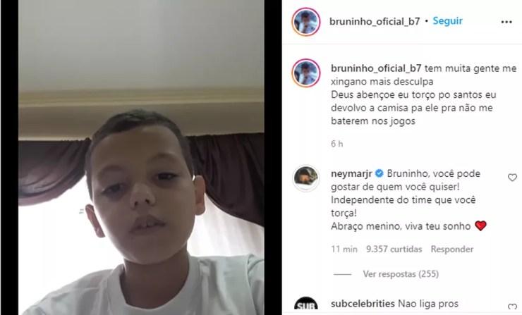 Neymar comenta em foto do garoto Bruninho, torcedor do Santos — Foto: Reprodução