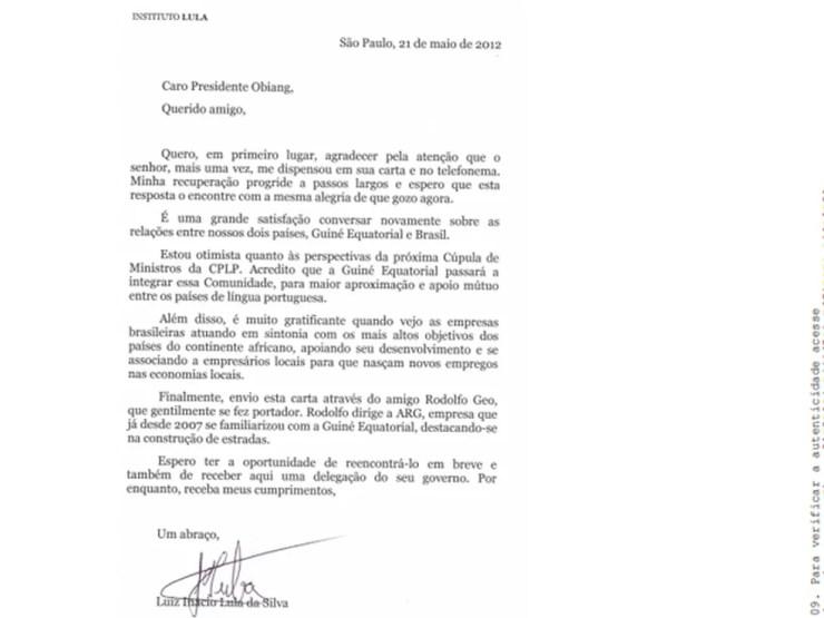 Carta de Lula para presidente da guiné Equatorial — Foto: Reprodução/Ministério Público Federal
