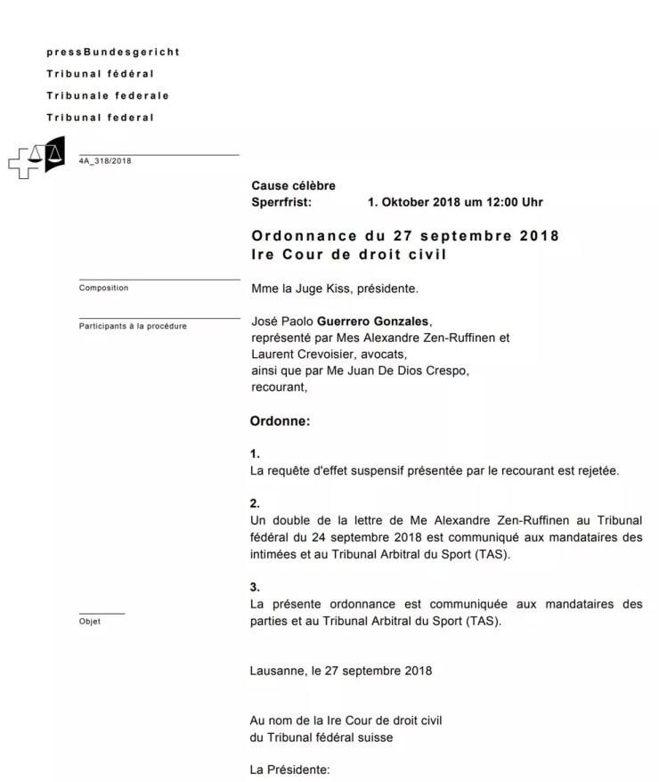 Decisão da Justiça Federal Suíça, em francês, que rejeitou o pedido de efeito suspensivo de Guerrero — Foto: Reprodução/Justiça Federal Suíça