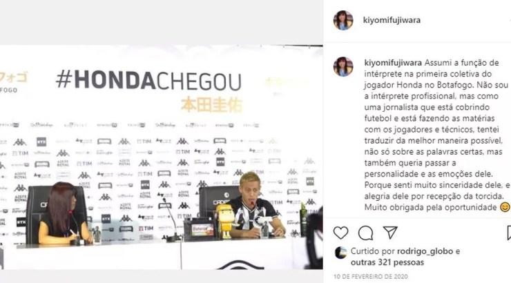 Como tradutora de Honda na apresentação do jogador no Botafogo — Foto: Reprodução