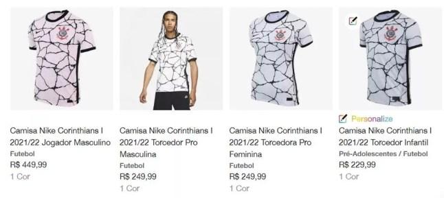 Quatro de cinco modelos disponíveis da nova camisa do Corinthians — Foto: Nike/Reprodução site oficial