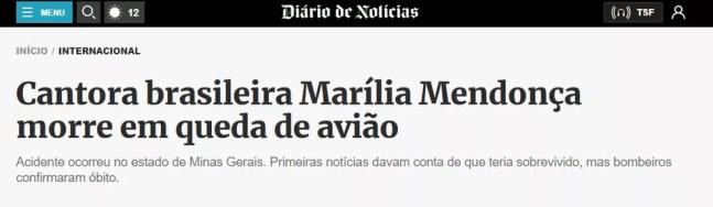 'Diário de Notícias', de Portugal, também repercutiu a morte de Marília Mendonça — Foto: Reprodução