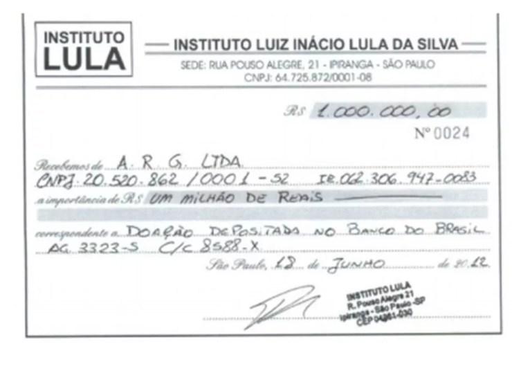 Comprovante de doação deito pela ARG para o Instituto Lula — Foto: Reprodução/MPF 