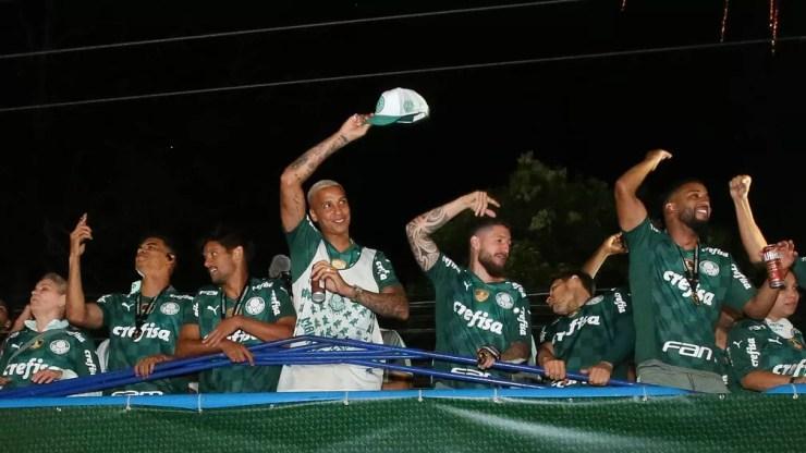 Jogadores do Palmeiras na festa do título da Libertadores de 2021 — Foto: Fabio Menotti/Palmeiras