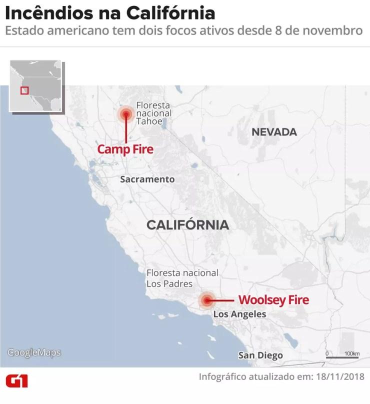 Mapa mostra focos de incêndios ativos na Califórnia — Foto: Arte G1