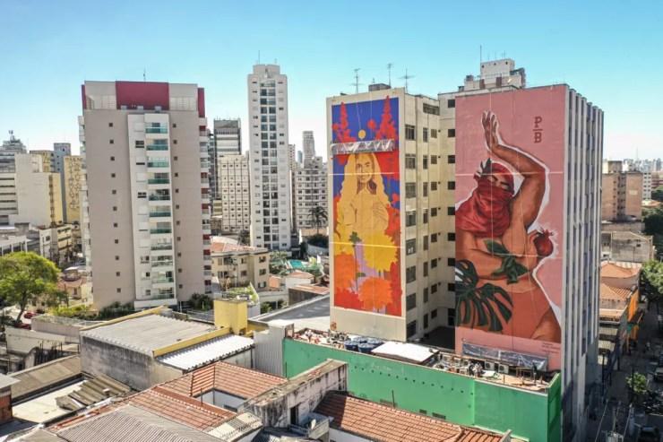 Grafites no Largo da Batata: à esquerda obra de Gleo. à direita Pri Barbosa — Foto: @nalata.festival/Divulgação