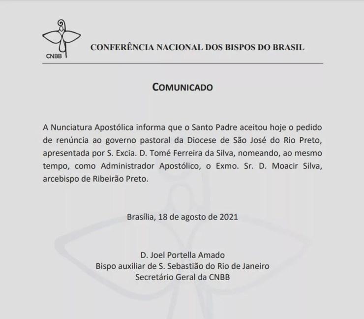 Comunicado da renúncia de Dom Tomé à Diocese de Rio Preto (SP) foi divulgado no site da CNBB — Foto: Reprodução/Conferência Nacional dos Bispos do Brasil (CNBB)