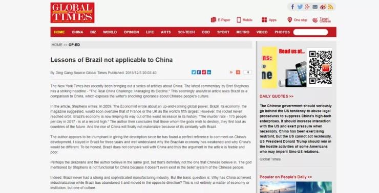 Editorial do 'Global Times' compara o desenvolvimento industrial chinês com o brasileiro. — Foto: Reprodução/Global Times