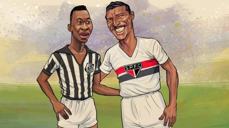 Zizinho e Pelé em arte de Mario Alberto — Foto: Mario Alberto / ge