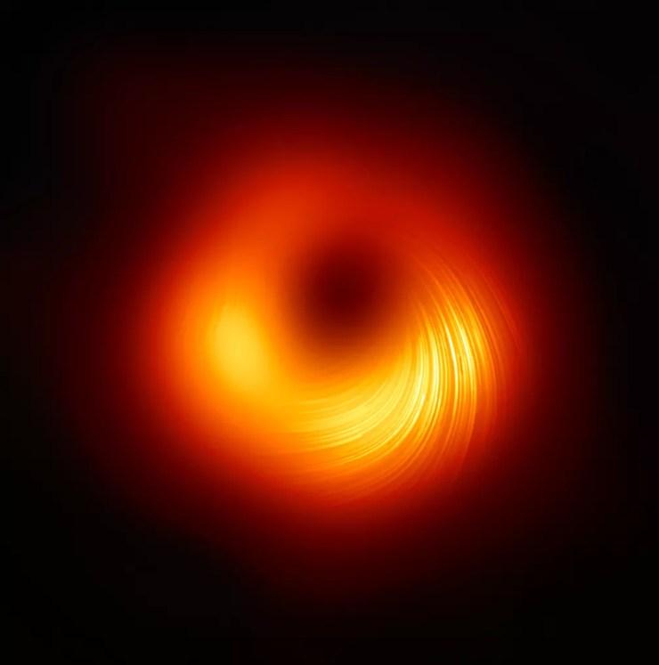 Primeira imagem nítida do campo magnético de um buraco negro ao centro da galáxia Messier 87. — Foto: EHT Collaboration