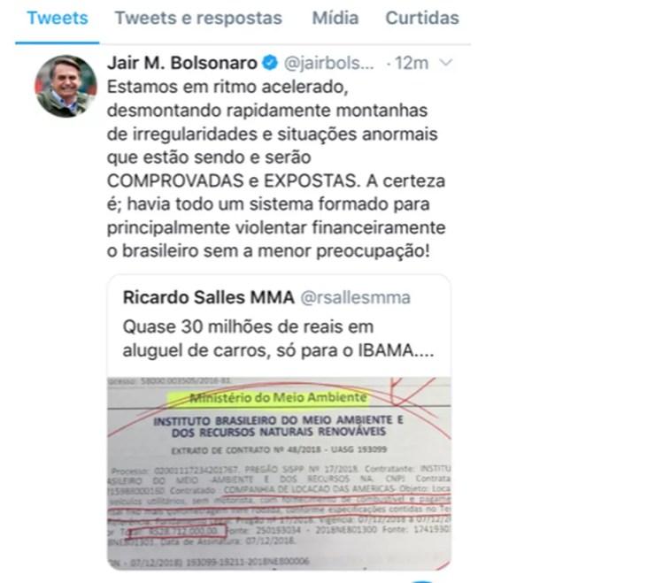 Texto que Bolsonaro escreveu no Twitter, sobre declaração do ministro do Meio Ambiente, e depois apagou — Foto: Reprodução/Twitter