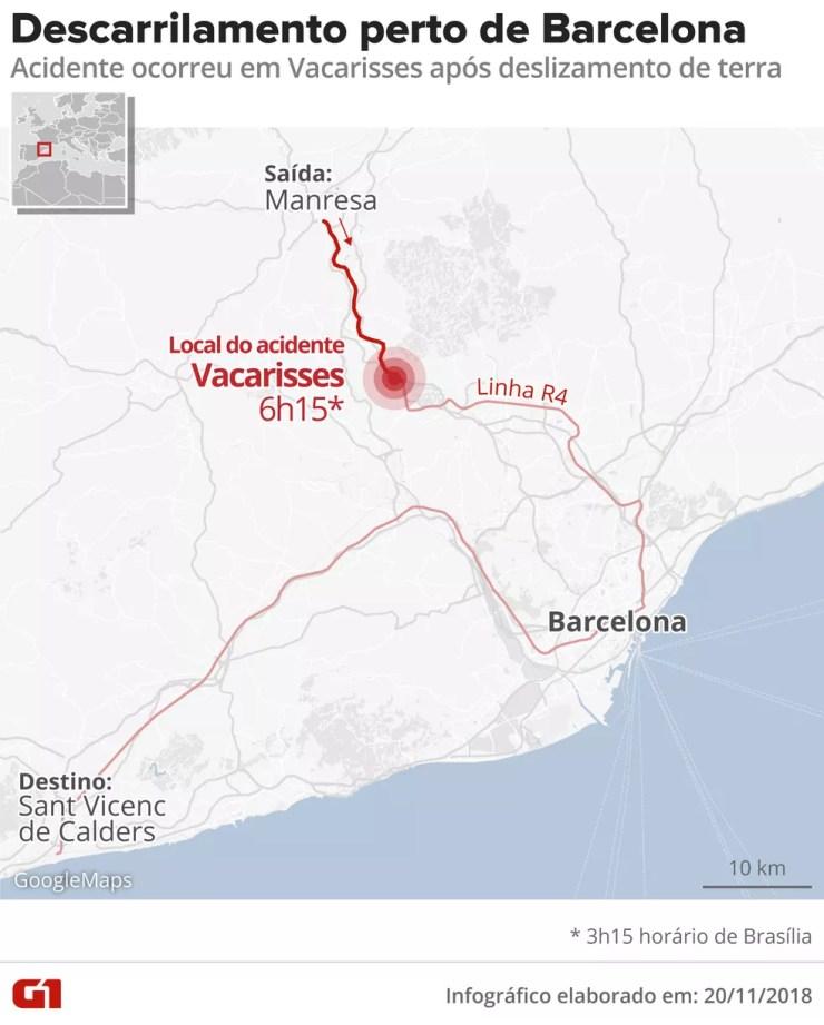 Mapa mostra onde trem descarrilou na região de Barcelona, na Espanha — Foto: Alexandre Mauro/ Arte G1
