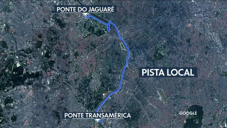 Desvio para a pista local é uma alternativa com a interdição da pista expressa da Marginal Pinheiros — Foto: Reprodução/Tv Globo