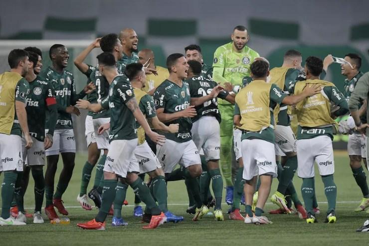 Jogadores do Palmeiras comemoram a classificação sobre o São Paulo — Foto: Staff Images/Conmebol