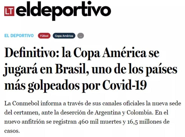 El Deportivo, editoria de esportes do portal La Tercera, do Chile, destaca números da Covid-19 no Brasil — Foto: Reprodução