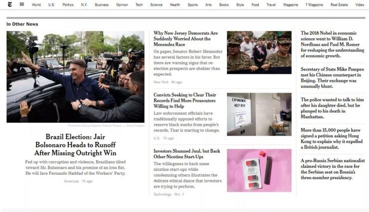Site do jornal 'New York Times' repercute resultado da eleição no Brasil — Foto: Reprodução/New York Times