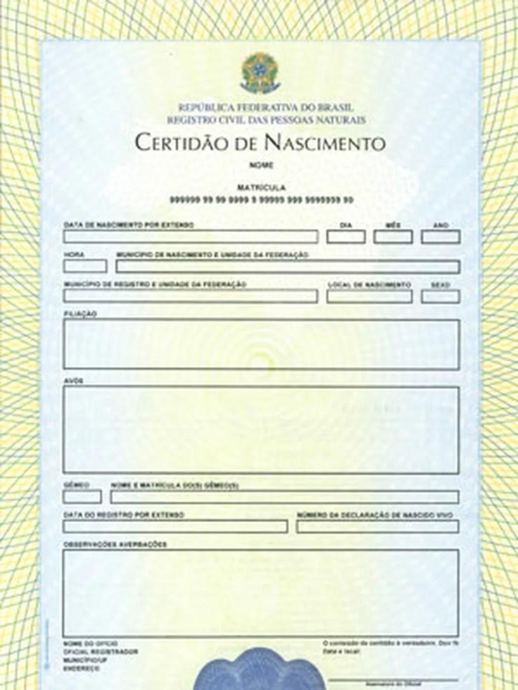 Modelo atual de certidão de nascimento, em imagem de divulgação (Foto: Divulgação/Ministério da Justiça)