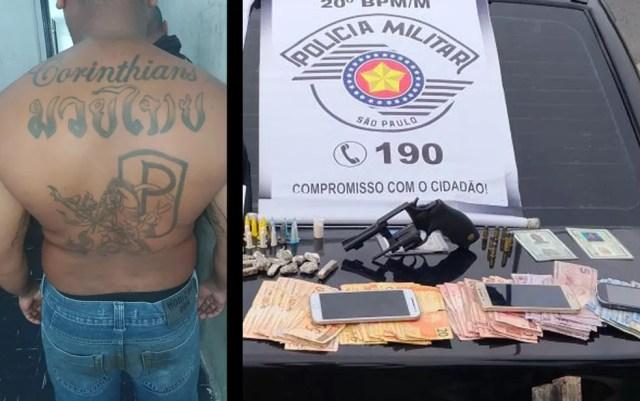 Corintiano suspeito detido; ao lado, arma, drogas e dinheiro apreendidos (Foto: Divulgação/PM)