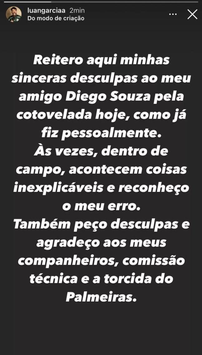 Após expulsão, Luan pede desculpas para Diego Souza: "Reconheço meu erro" — Foto: Reprodução/Instagram